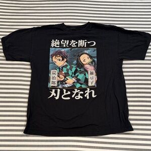 Black Anime Graphic Short Sleeve T-Shirt with Green Accents